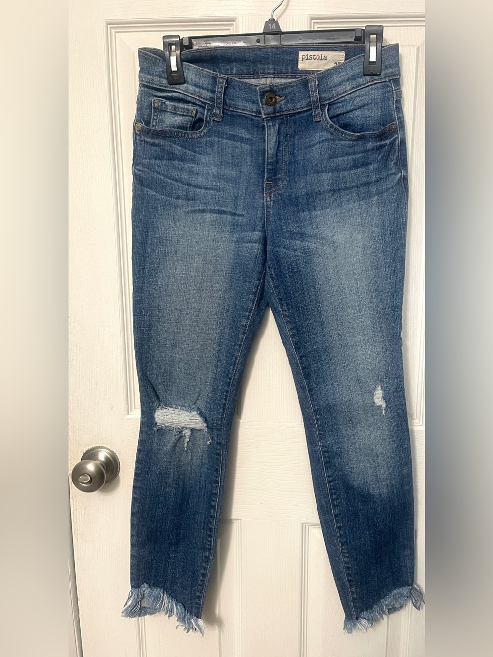 Pistola Jeans Mid-Rise Denim Cropped Distressed Raw Hem Style P8034SF Sz 27